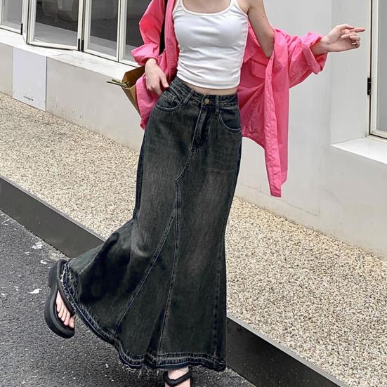Women Skirt A-line Big Swing Denim Retro Pockets Patchwork Solid Color High Waist Button Zipper Closure Ankle Length Ripped Edge Lady Maxi Skirt