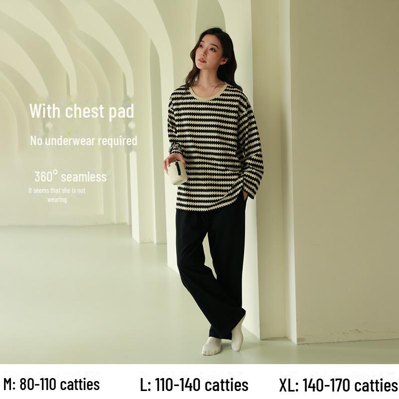 Женский пижамный комплект из чистого хлопка с длинными рукавами и нагрудными накладками — большой размер, весна/осень 2025 г.