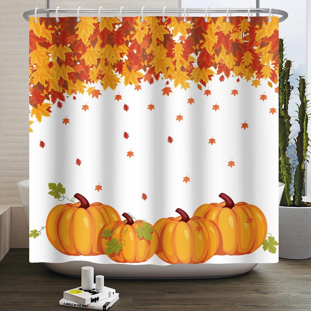 Autumn Forest Maple Shower Curtain Natural Jungle Leaves Pumpkin Fall Bathroom Shower Curtain Waterproof Shower Curtain Decor