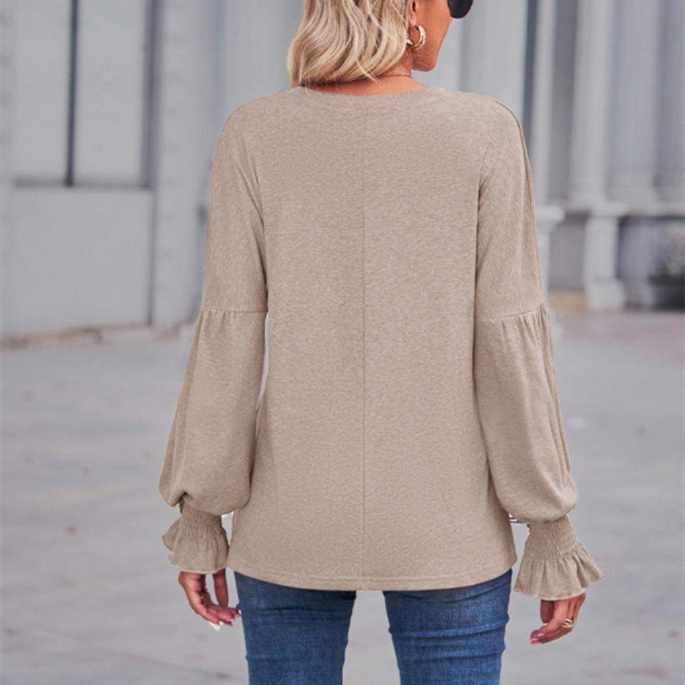 GMXIA Женские модные повседневные однотонные блузки и рубашки с круглым вырезом и длинным рукавом с принтом