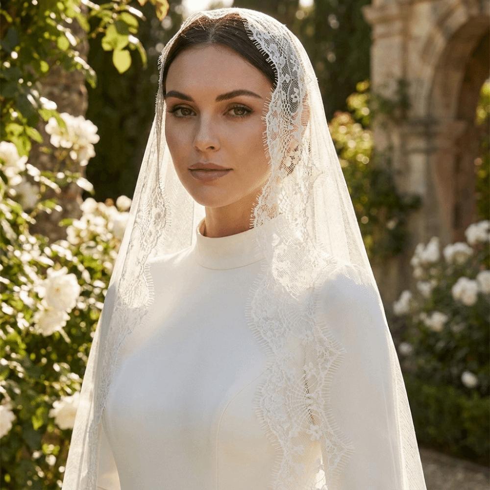 2M Long Bridal Headscarf Lace Edge Muslin Head Covering Elegant Wedding Veil  Cathedral Wedding