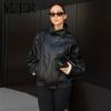 Black Faux Leather Jackets for Women Outerwears Bomber Jacket Snap Button Demi-season Jacket