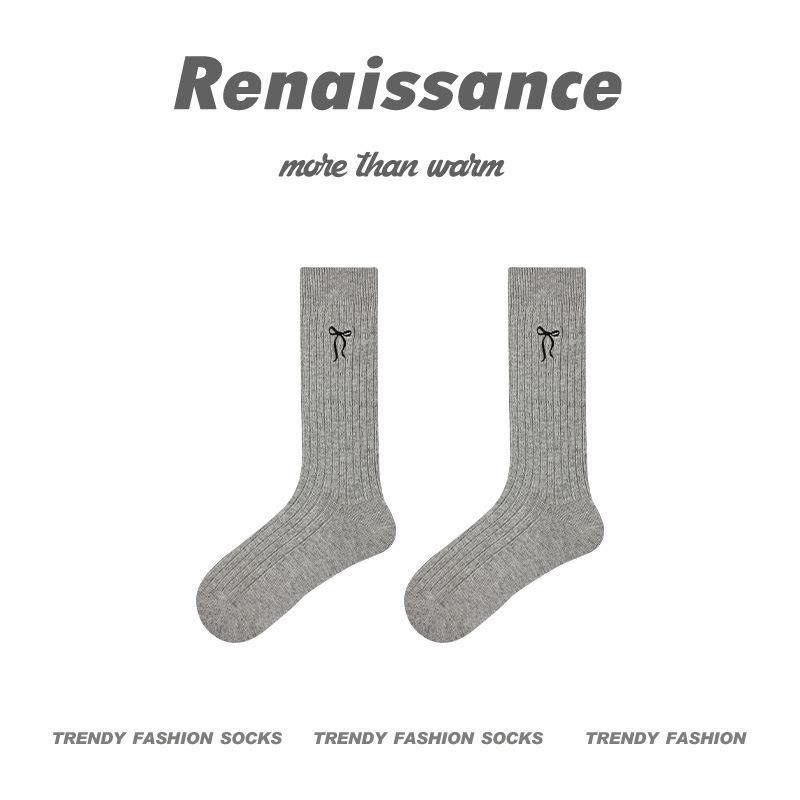 Женские носки Renaissance с вышитым бантом средней длины — однотонные, в весенне-осеннем стиле, подходят для студентов, дизайн без косточек
