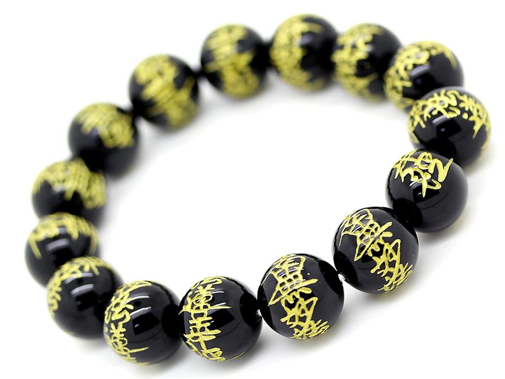Оникс 14 мм Золотой Резной Браслет из Буддийских Молитвенных Бусин Камень Силы Натуральный Камень [Сэкки] Нам-мёхо-рэнгэ-кё [b193_1]