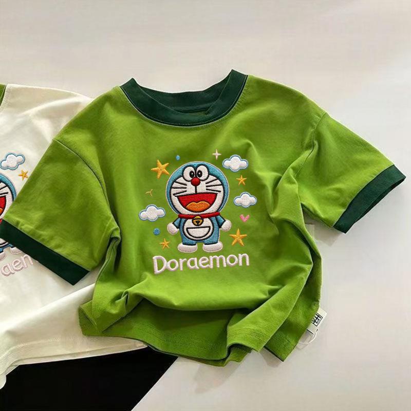 Kids Summer 100 Percent Cotton Short Sleeve T Shirt Round Neck Block Cartoon Casual Top