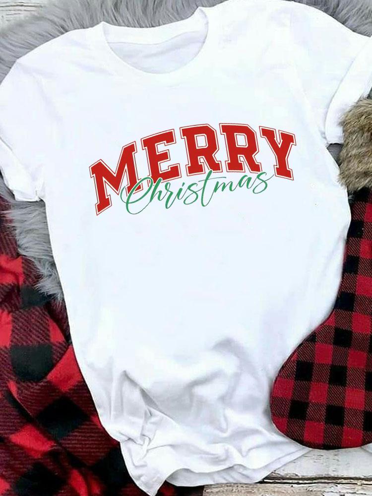(Азиатский размер) Женская праздничная футболка с принтом, топ для фестиваля, С Рождеством, С Новым годом, с надписью, милая, в стиле 90-х, повседневная, женская, с коротким рукавом, модная, с графическим принтом