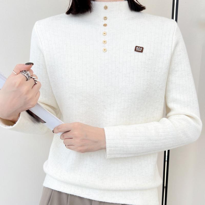 IHUASU Thickened One-piece Velvet Button Jumper Women's Autumn and Winter Half-high Neck Warm Knitted Bottoming Shirt with A Hundred Tops
