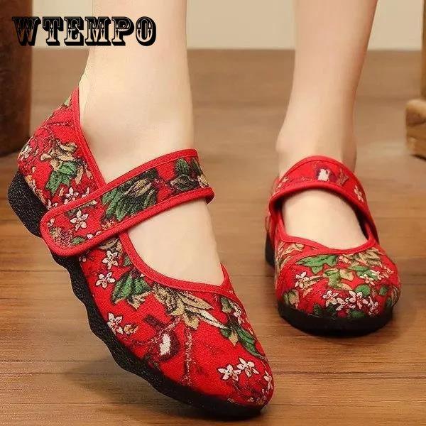 Женская удобная тканевая обувь на весну и лето, рабочая обувь большого размера на мягкой подошве с вышивкой, универсальные повседневные одинарные туфли