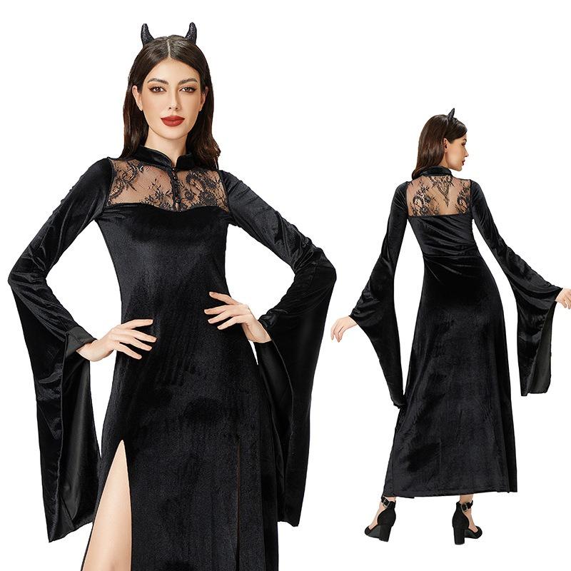 Темный готический костюм на Хэллоуин черное платье ведьма сексуальное кружево средневековое макси