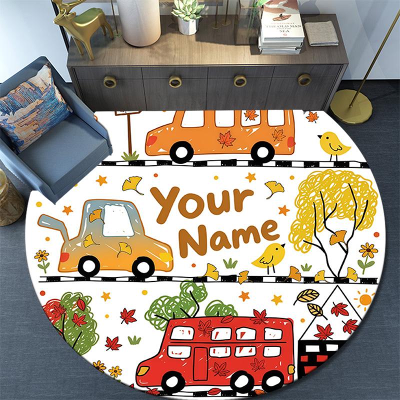 Custom Name Cartoon Car Farm Sea Creature Round Area Rug,Carpet Rug for Living Room Bedroom Sofa Playroom Decor,Non-slip Floor Mat