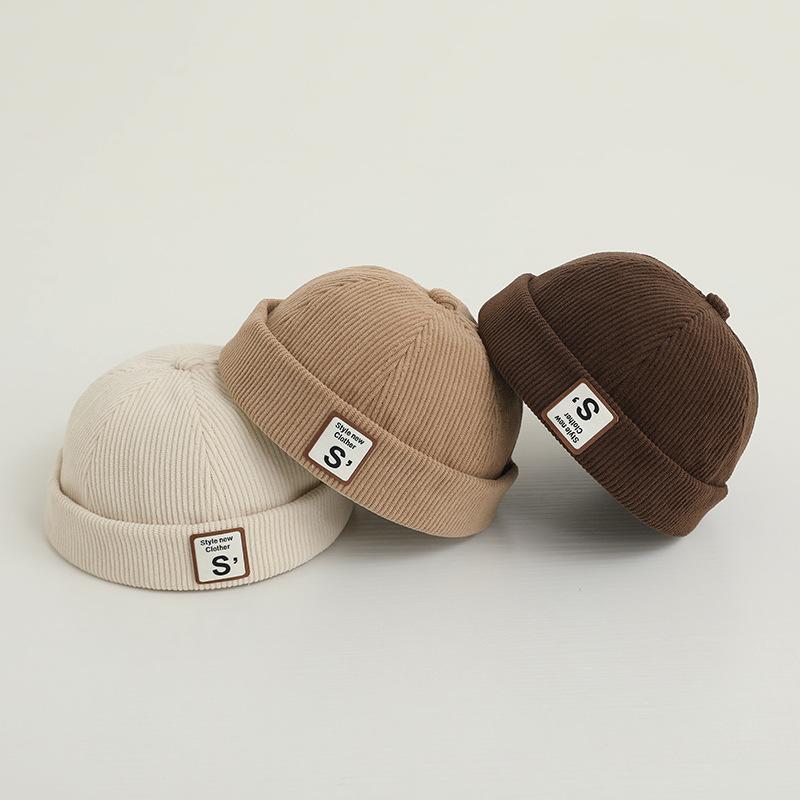 Vintage Letter Baby Brimless Hat Solid Color Corduroy Toddler Docker Cap Autumn Winter Warm Adjustable Kids Boy Girl Beanie Hats