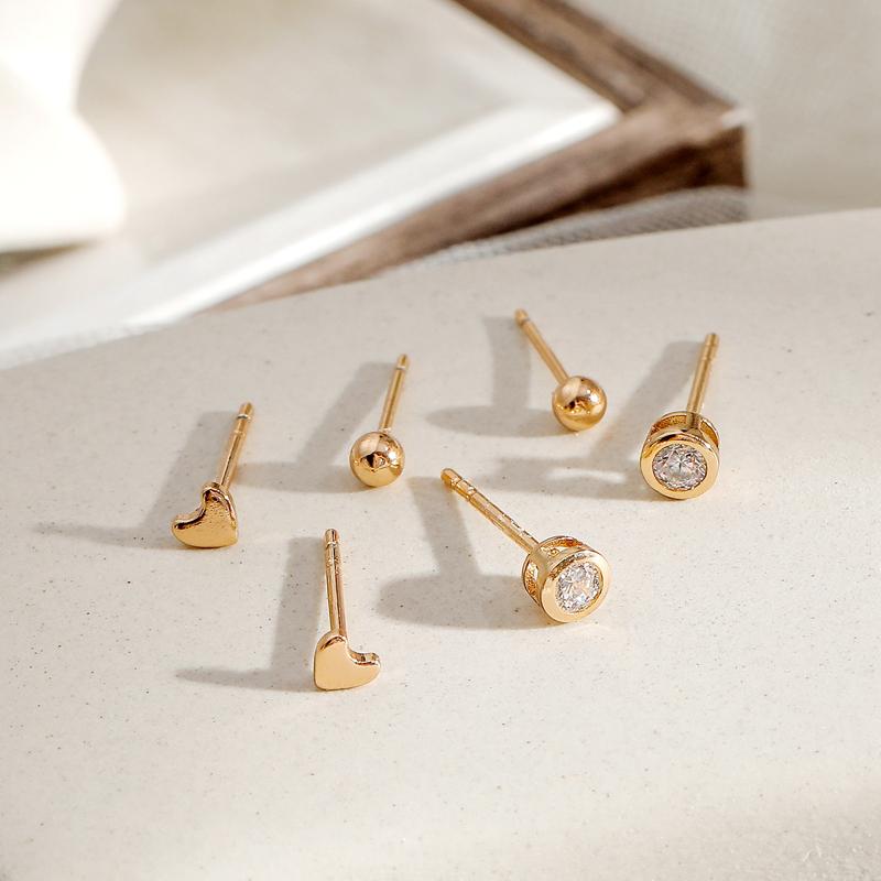 ANENJERY Симпатичные маленькие серьги-гвоздики с кубическим цирконием в горошек и сердцем любви, комплект серег для женщин, комплект серег из 6 предметов, повседневный подарок ювелирных изделий S-E1234