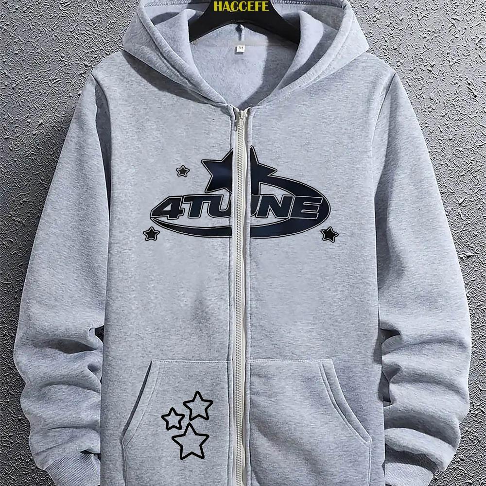 Men's Fashion Trend Creative Element Printed Zipper Hoodie, Kangaroo Pocket, Autumn and Winter Long Sleeved Casual Loose Top