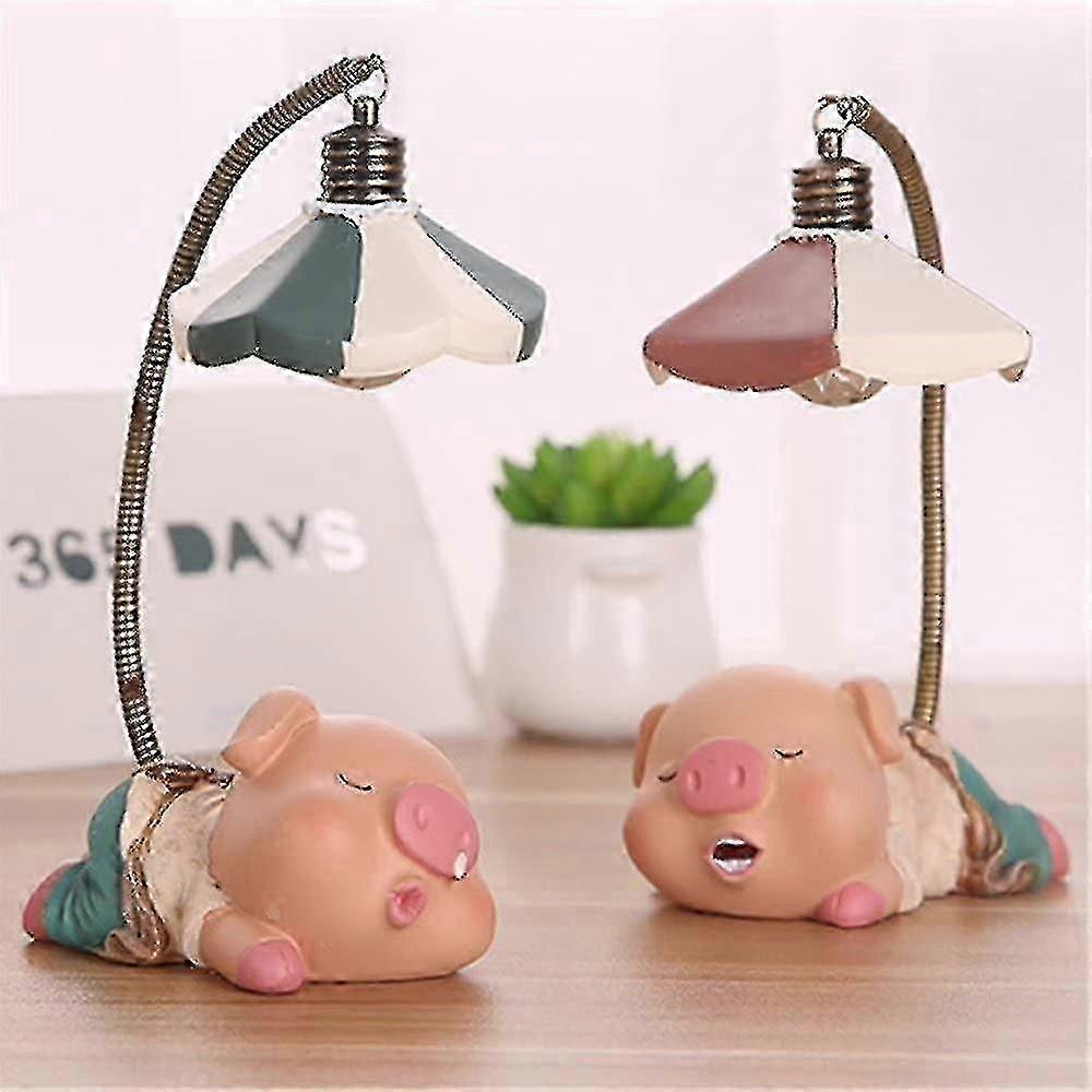 Cute Sleeping Pig Figures, 2 Pcs Resin Piglets Pigs With Night Lamp Action Figure Toys