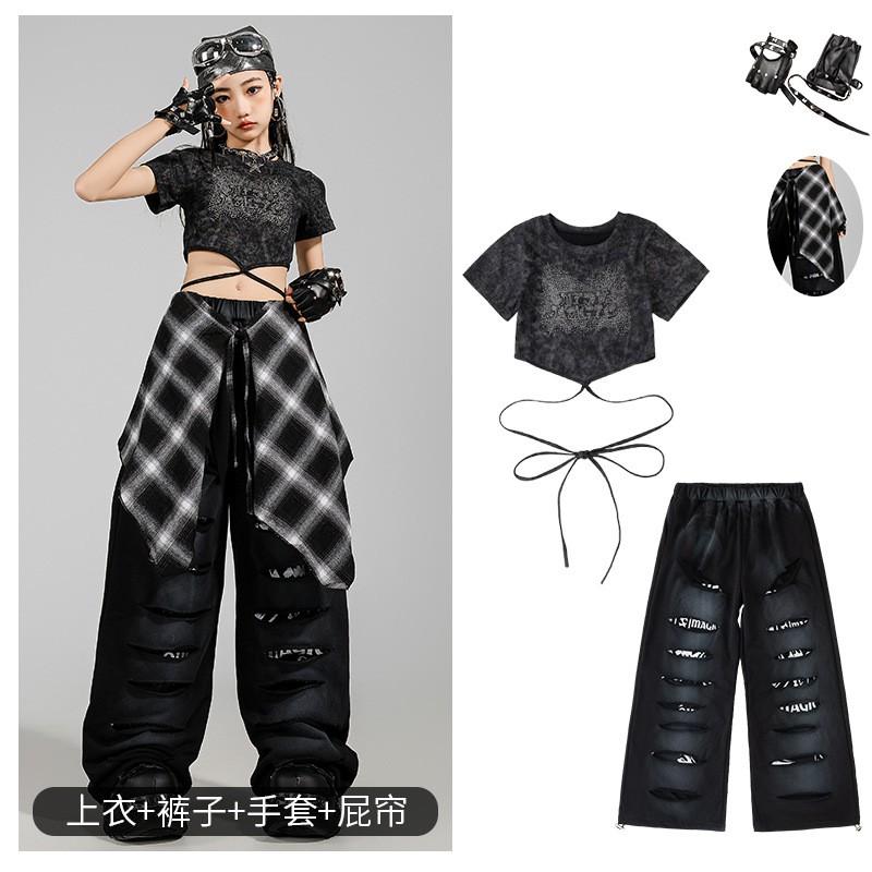 Girls Jazz Dance Outfit Set Short Sleeve Crop Top Ripped Pants Streetwear Style Performance