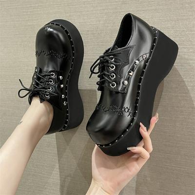 Модные туфли на танкетке с высоким каблуком Y2k Lolita Shoes Женские новые туфли в стиле панк-готика Mary Janes с заклепками Женские туфли на танкетке с платформой для косплея JK uniform shoes