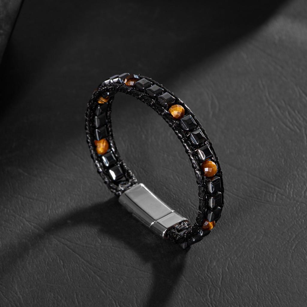 Мужской браслет макраме из тигрового глаза, натурального камня с гематитом