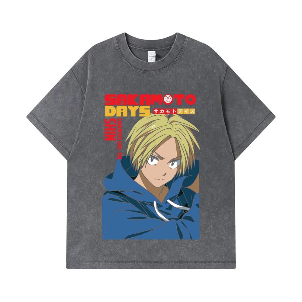 275 GSM Washed T-shirts 100% Cotton Sakamoto Days V8 Shin Print Unisex Heavy Cotton T Shirt