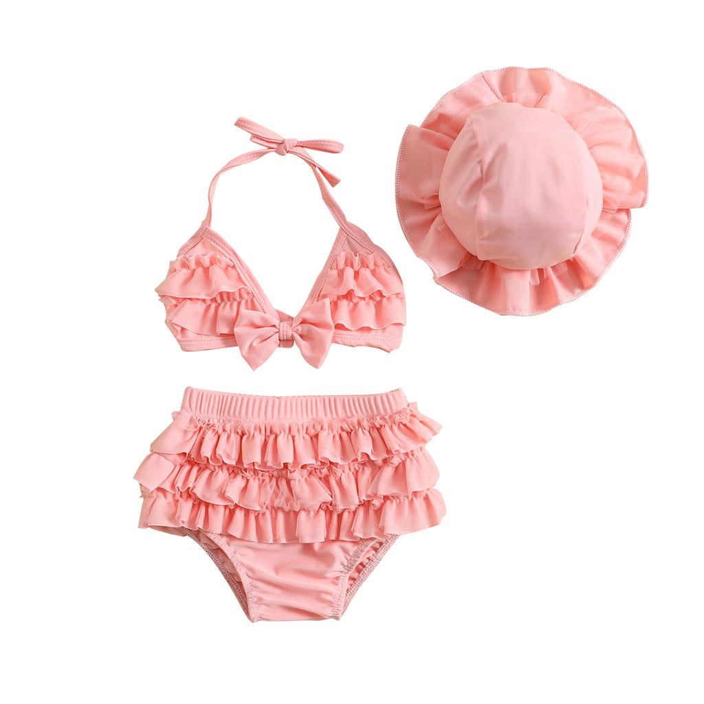 Baby Girls Summer Swimwear Outfit Sets Hanging Neck Tops + Layered Ruffle Shorts + Hat