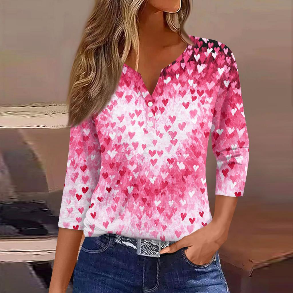 Жен. Футболка Футболка С принтом Пуговицы Рукав 3/4Ежедневно Выходные Мода Классический Топ с v-образным вырезом Обычный
