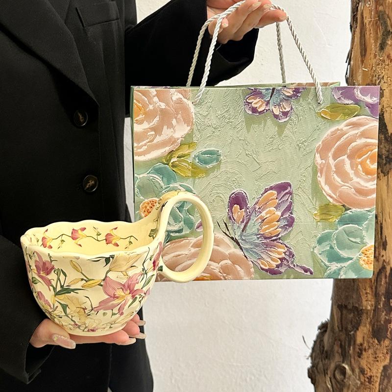 Flowering Song Handle Cup Retro Ceramic Mug Breakfast Oat Cup Afternoon Tea Coffee Cup Souvenir Birthday Gift