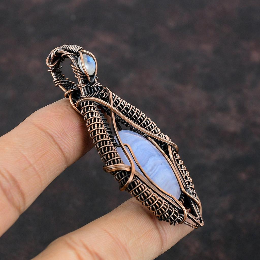 Кулон из синего кружева с агатом Радужный кулон из лунного камня Кулон из медной проволоки Ювелирные изделия ручной работы Подвеска из драгоценного камня для подарка Ювелирные изделия из медной проволоки