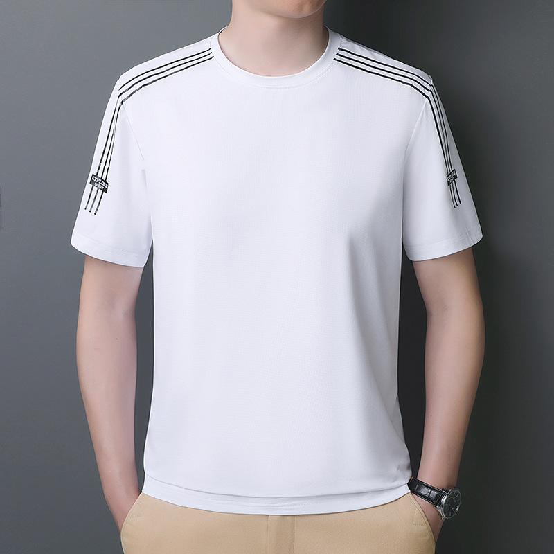 Летняя футболка с коротким рукавом, мужская, из шелка, с круглым вырезом, для бега, спортивная, быстросохнущая, повседневная, деловая, большого размера