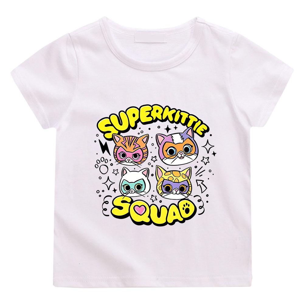 Children's Cotton T-shirts SuperKitties Cartoon Print Kids Short Sleeve Cute Boys Girls 2-12Y Tees Casual Crew Neck Tops Summer