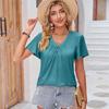 Summer Women's T-shirt Solid Color Pull-pleated V-neck Loose T-shirt Tops with Ruffled Sleeves