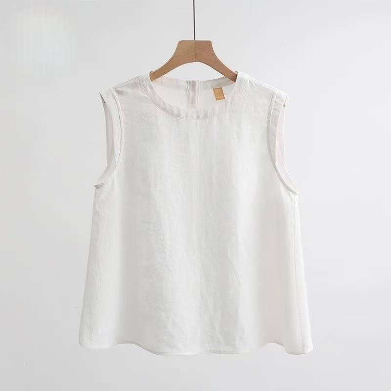 Cotton Linen Sleeveless T Shirt Women Summer Tees Round Neck White Black Vest Korean Style Tank Tops