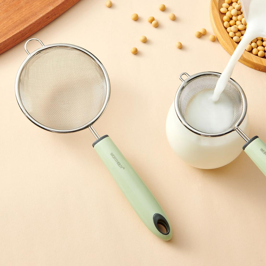 Сито для муки из нержавеющей стали 304 с пластиковой ручкой, сито с мелкой сеткой, ложка, фильтр для соевого молока и сока, кухонная утварь