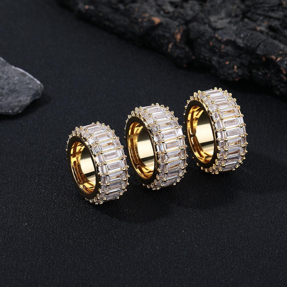 Three rows of geometric copper inlaid with T square zircon hip-hop ring, men's and women's pair of rings, couple's summer light luxury personalized