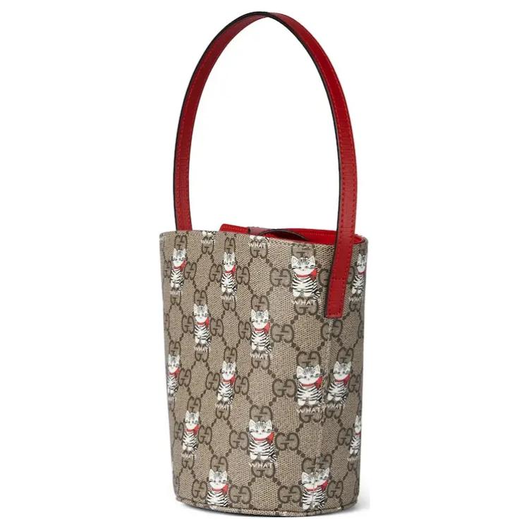 Gucci Ведро GG Supreme с принтом кошек Бежевый Красная кожаная отделка Сумка через плечо Сумка для рук для женщин Ежедневная поездка на работу Покупки Подарок 752356-FAD5G-9748