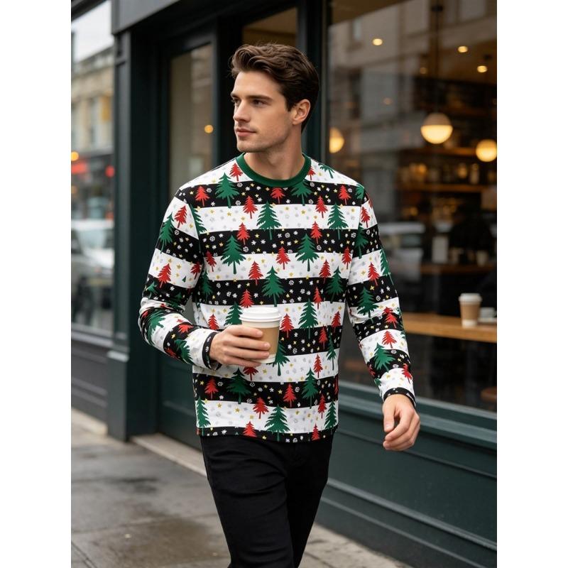 Men's Christmas Tree Long Sleeve T-Shirt Striped Red Green Graphic Tee Xmas Holiday Pullover Tops Gift New 2026 Fashion Hot