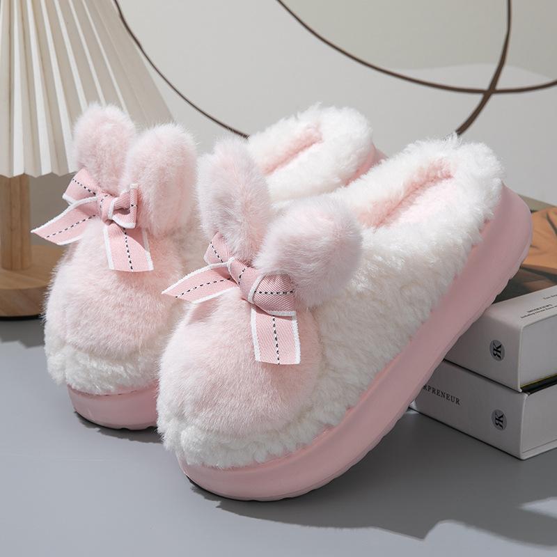 Новые женские зимние домашние тапочки с пушистыми ушками кролика, хлопковая обувь для женщин, зимние легкие меховые шлепанцы, розовые тапочки-кролики