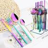 24Pcs Rainbow Color Cutlery Set Knife Fork Spoon with Rack Dinnerware Set Stainless Steel Tableware Flatware Kitchen Silverware with Storage Holder