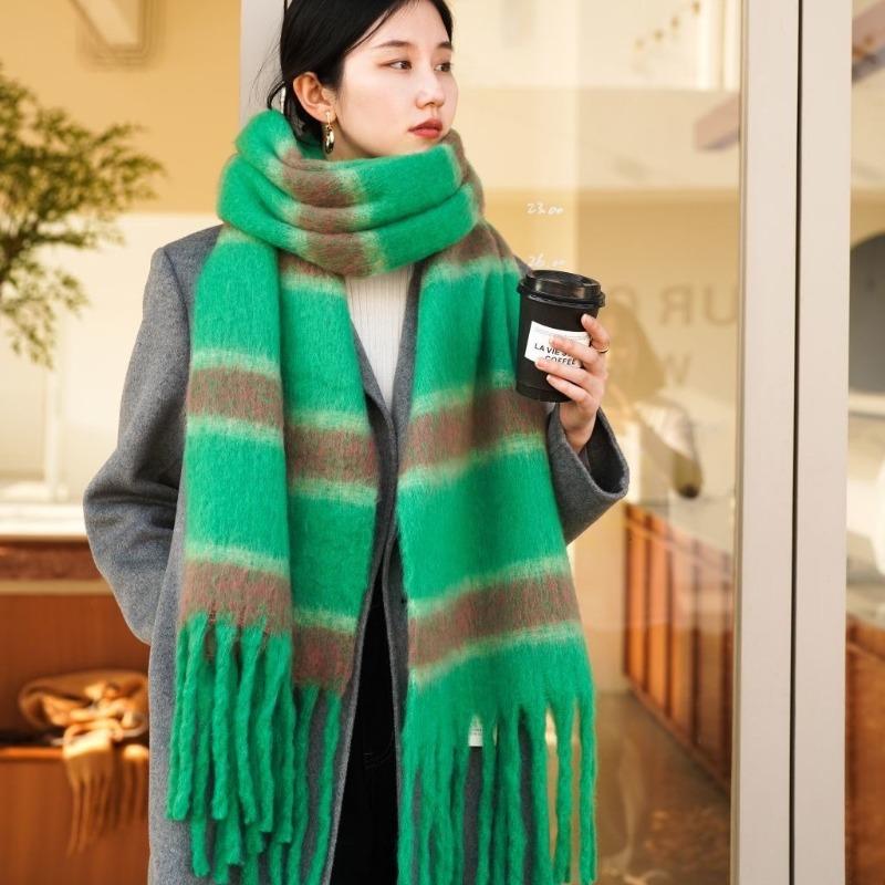 New Autumn and Winter Thickened Loop Yarn Braided Tassel Striped Imitation Cashmere Scarf