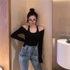Women Sexy Off-shoulder T-shirts Ladies Halter Slim Solid Color Tops Female Long Sleeve Black Pullover Tees