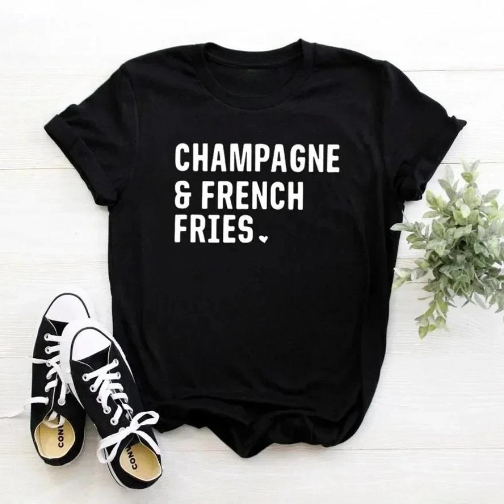 Champagne French Fries Women Tshirt Casual Hipster Funny Tshirt Lady Yong Girl Top Women Clothes Aesthetic Clothes
