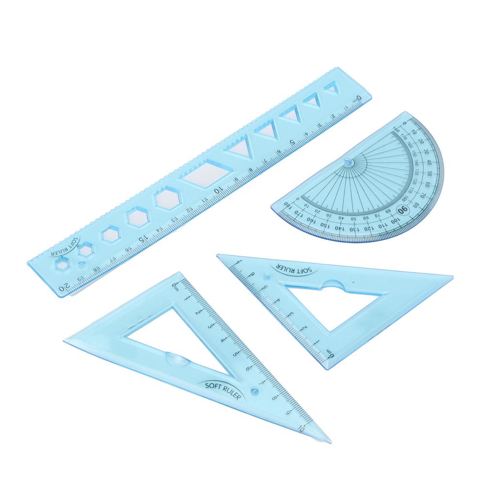 Набор линеек из четырех частей, мягкий пластик, прозрачный синий, инструменты для измерения длины угла с волнистой линией для Ki