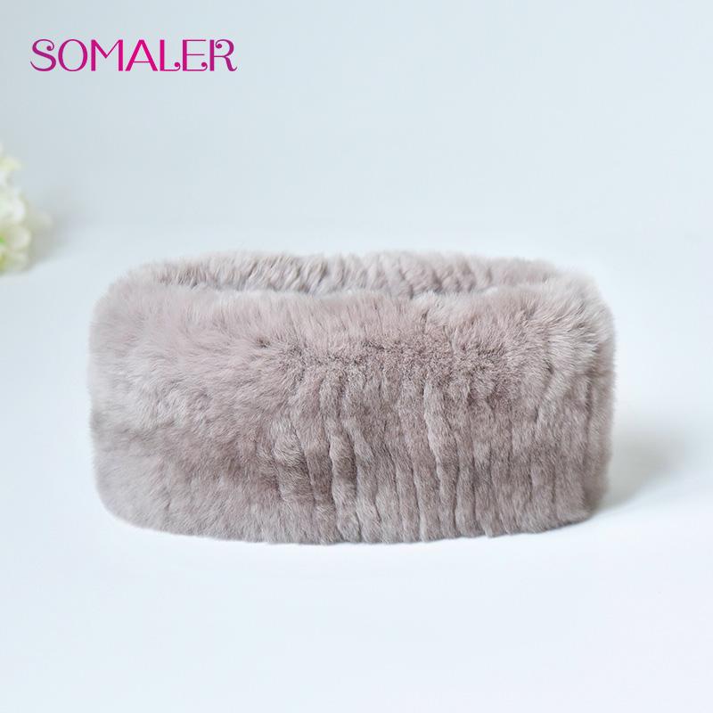 SOMALER Winter Real Rabbit Fur Headband for Women Knitted Rex Rabbit Fur Head Wrap Womens Ear-warmer
