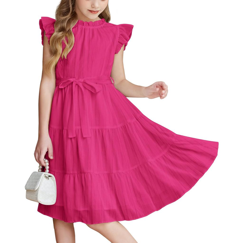 Платье для девочек, однотонное, с круглым вырезом, завязывающимся на талии, с оборкой по подолу