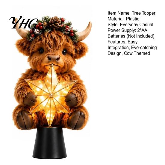 Christmas Tree Star Topper Highland Cow Glowing Topper, Lighted Decoration with Unique Party Supplies Warm LED, Battery Operated Holiday Ornament for
