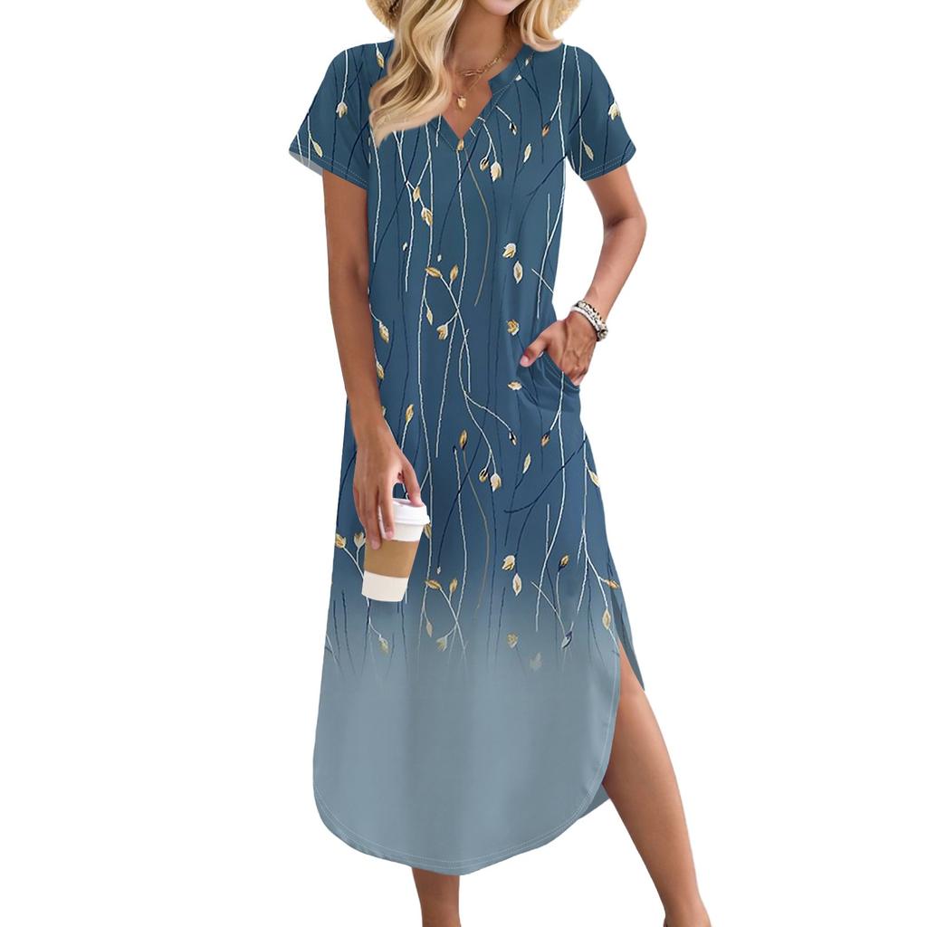 Женское длинное платье-рубашка с V-образным вырезом, повседневное, с коротким рукавом и свободным разрезом