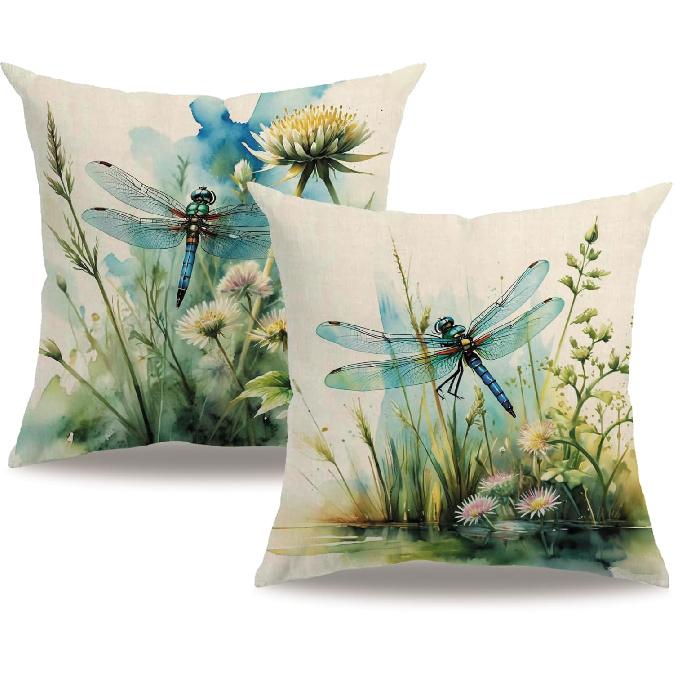 7COLORROOM Dragonfly Pillow Covers 18 X 18 Inch Wildflowers Color Dragonfly Cushion Covers Flower Holiday Rustic Farmhouse Decoration 2Pack for Sofa
