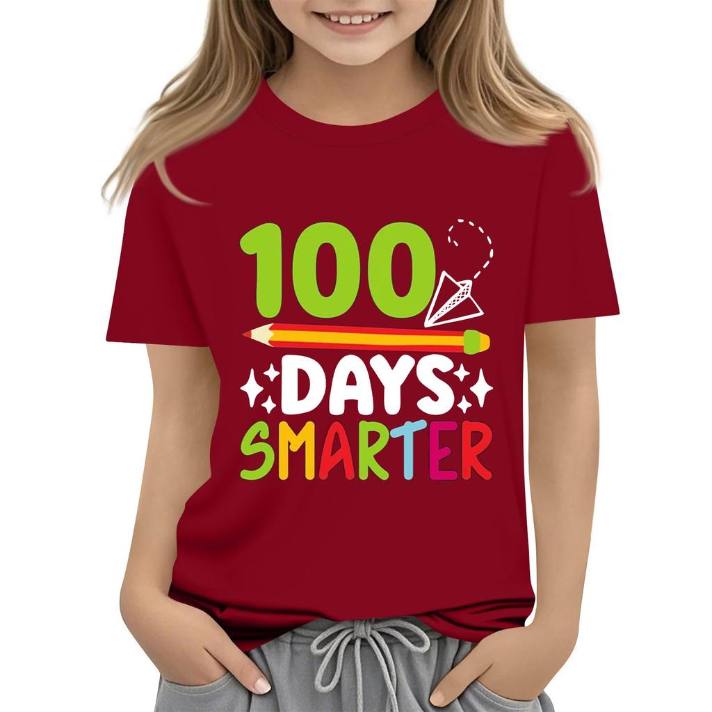 Happy 100th Day Of School Girls Boys Short Sleeve T Shirts Kids Tops Crewneck Tees