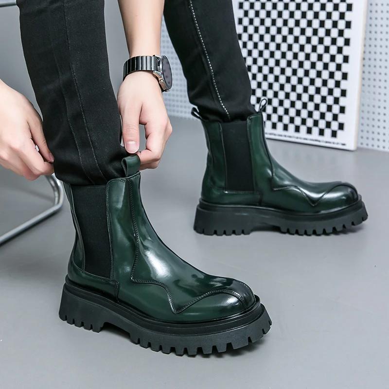 New Chelsea Boots for Men Green Black Patent Leather Round Toe Slip-On Shoes for Men with Size 38-44 Ankle Boots