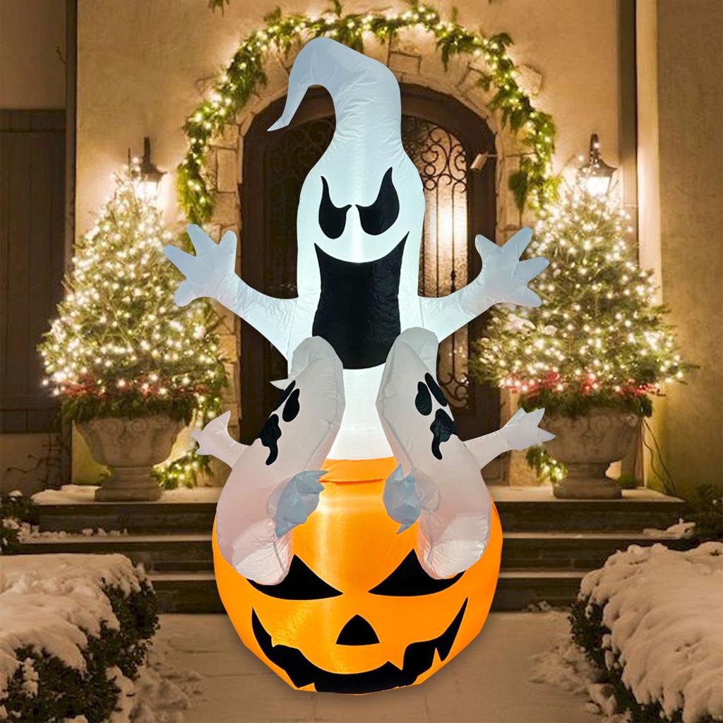 5.9FT Glowing White Ghost Pumpkin Inflatables Halloween Outdoor Decoration Blow Up Three Ghost