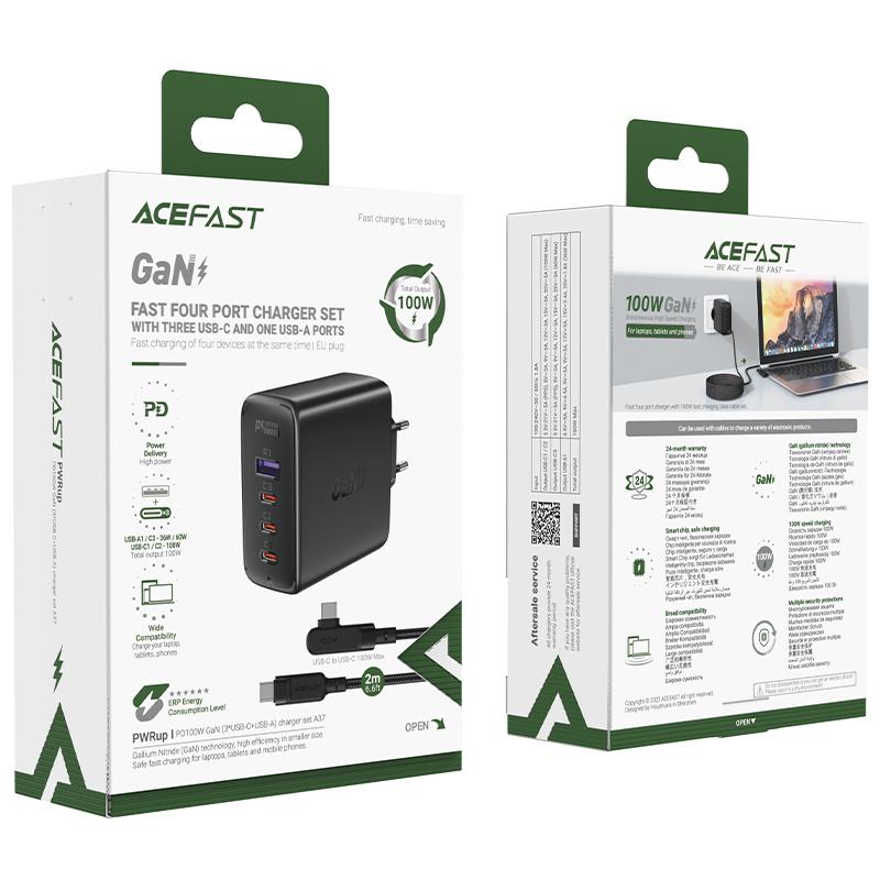 Acefast GaN Network Charger 100W Black, 3xUSB-C/1xUSB-A, Incl. 2m 100W Angled USB-C Cable