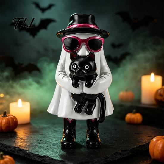 Gifts for Cat Lovers Funny Halloween Ghost Figurine with Black Cat, Resin Statue Sunglasses Holiday Mantel Decor & Top Hat, Retro Ornament